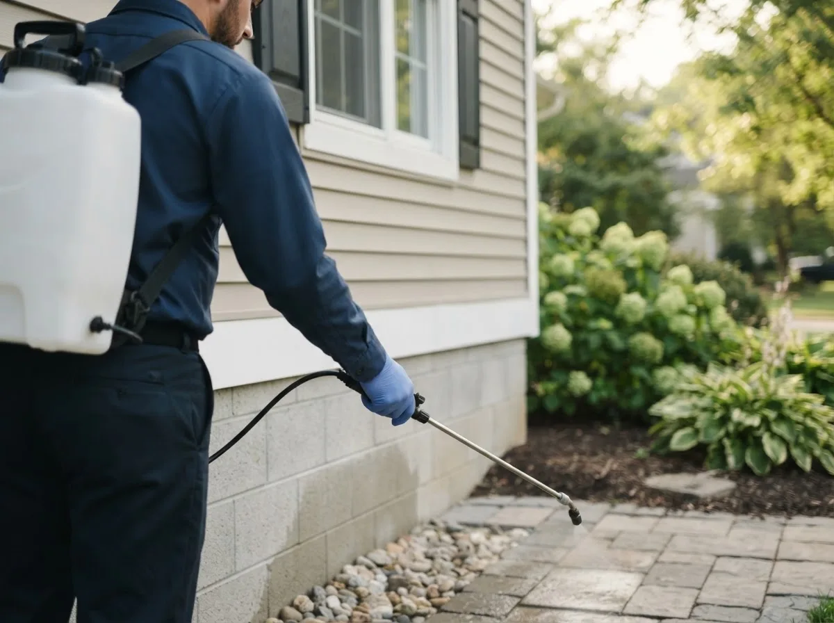 Pest control technician inspecting a home in Lafayette, MN